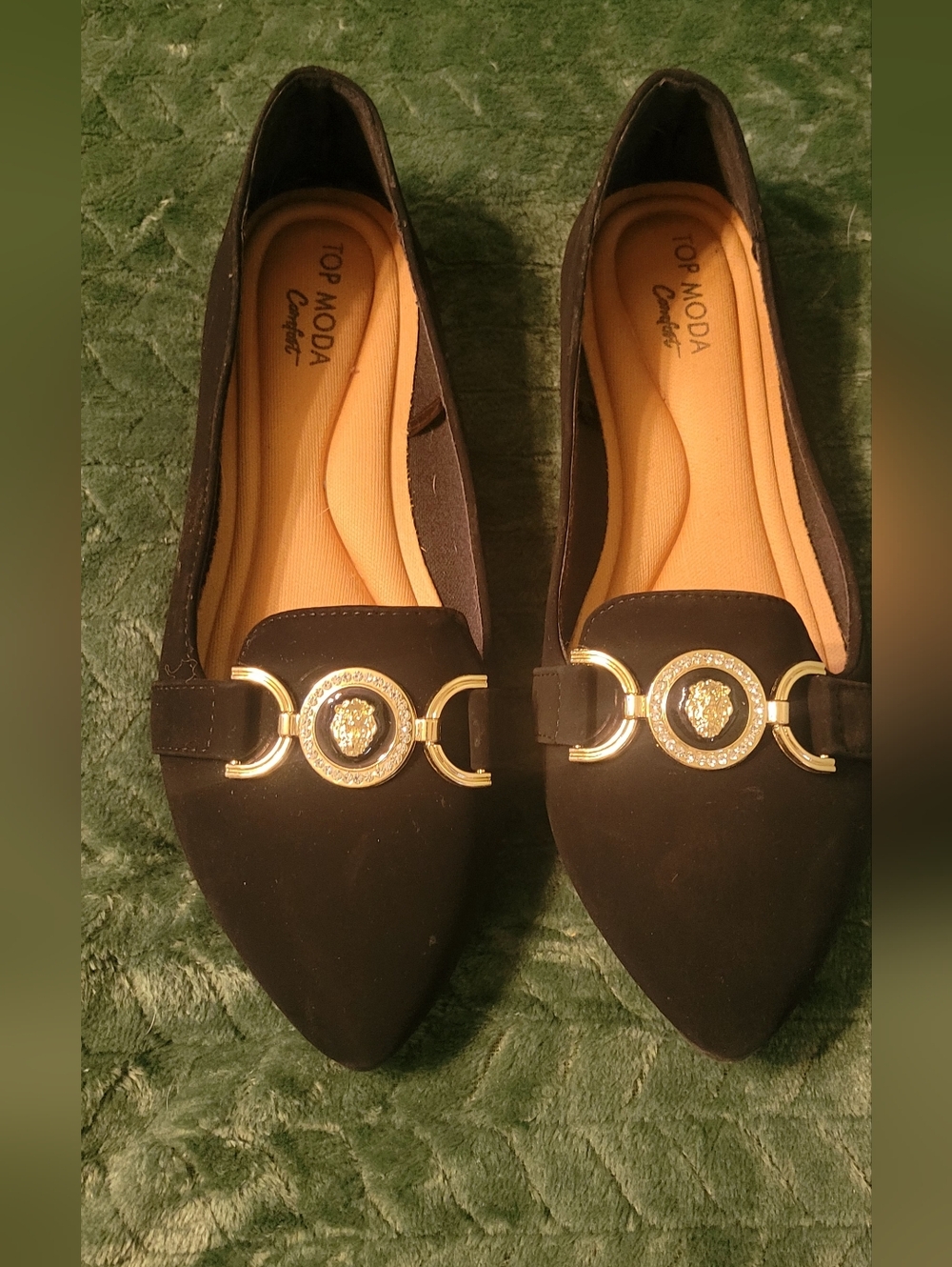 TOP Moda Black Pointed Toe Flats with Gold Medallion Detail, Size 8.5